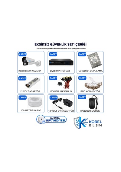 Korel Bilişim 4 Kameralı 9 Atom Ledli 5 Mp Sony Lensli Gece Renkli Güvenlik Kamerası Seti 320 Gb Hdd