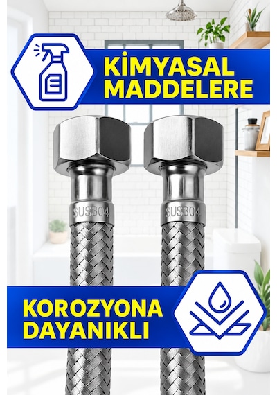 2'li Set Krom Taharet Ara Musluğu Ve 100 Cm Paslanmaz Çelik Flex Hortum 3/8' X 3/8'