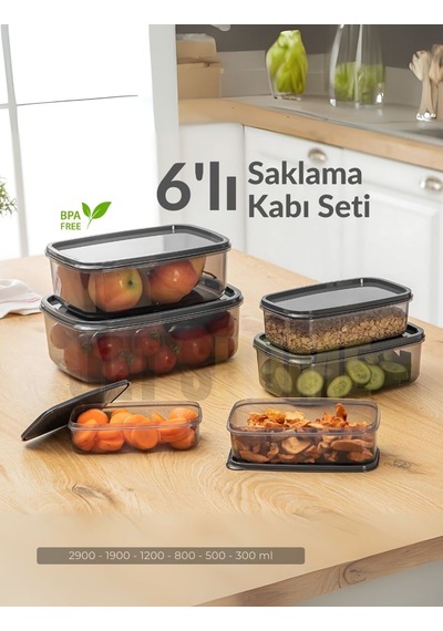 Jet's Home 6'lı Set Erzak Saklama Kabı Seti Bpa Free Erzak Kabı Bakliyat Saklama Kapları Buzdolabı Kabı Şeffaf Antrasit