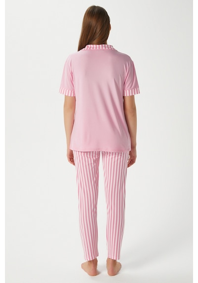 Ritnice Kadın Elena Yumuşak Doku Pembe Çizgili Ön Düğme Kısa Kollu Pijama Takımı
