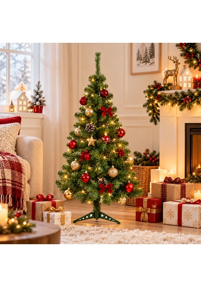 100 Cm Yapay Yılbaşı Çam Ağacı 3 Metre Peri Led Işık Hediyeli, Yeşil, Ayaklı, Kolay Kurulumlu