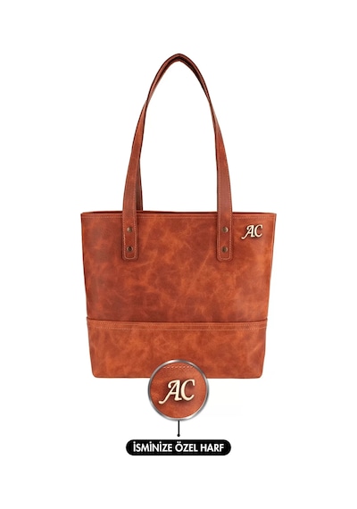 Twingold İsme Özel Tote Bag El Omuz Çantası - %100 Rainbow Deri - Ac03003 - Tobacco Tobacco