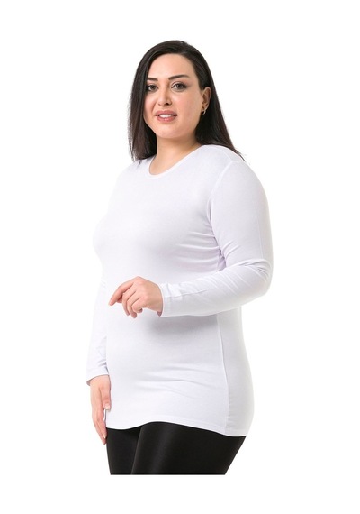 Disentis Büyük Beden Bisiklet Yaka Uzun Kollu Viskon Beyaz Body