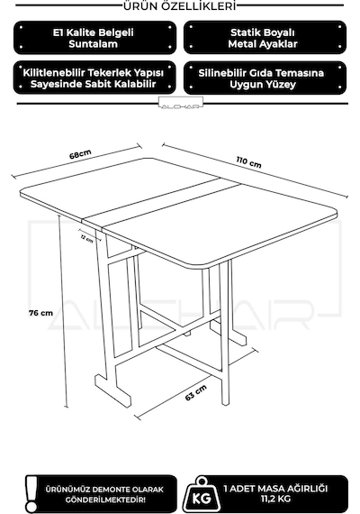 Alchair Almira 70x110 Atlantik Çam Açılabilir Katlanabilir Tekerlekli Masa