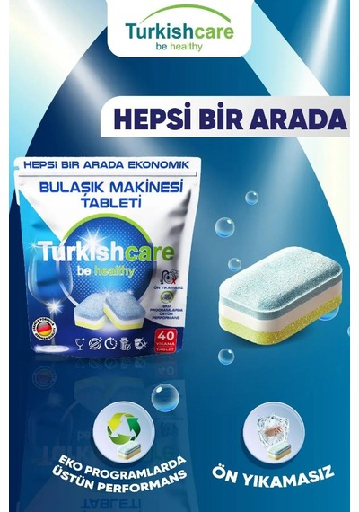 Turkishcare Hepsi Bir Arada Ekonomik Bulaşık Deterjanı Premium Tablet 40 Tablet