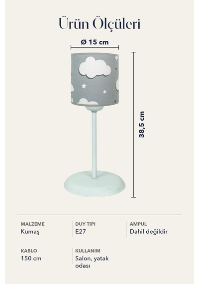 Şenay Aydınlatma Metal Ayaklı Silindir Kumaş Abajur Masa Lambası 15 cm Gri Bulut