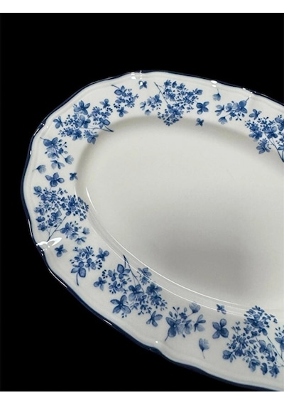 Acar Vintage Garden Mavi Çiçek Desenli Beyaz Porselen Oval Tabak 25x18 Cm Çok Renkli