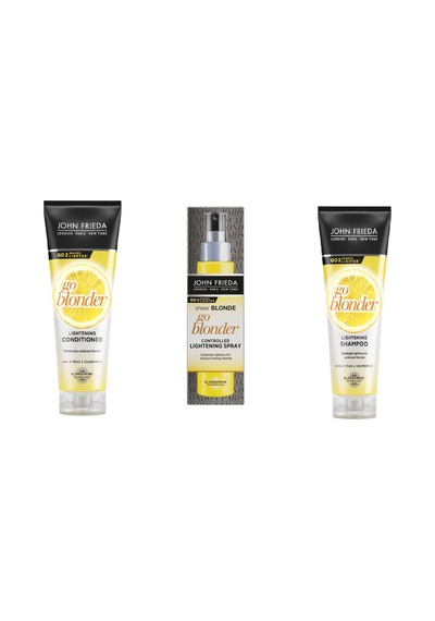 John Frieda Sarı Saçlara Özel Işıltı Veren Saç Bakım Kremi+Şampuan+Sarı Saçlara Özel Renk Açıcı Sprey