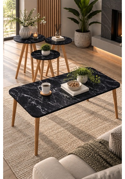 Sulorahome Siyah Tablalı Ve Ahşap Torna Ayaklı 4'lü Sehpa Seti Ahşap - Siyah