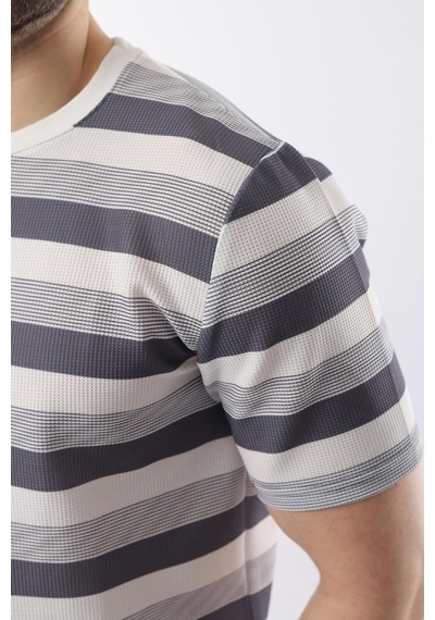 Madmext Füme Bisiklet Yaka Çizgili Erkek T-shirt E7118 Füme