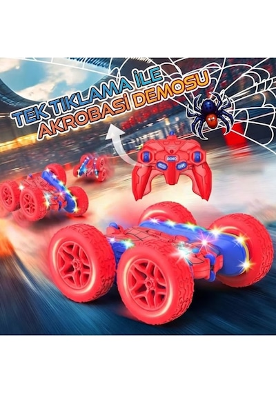 Uzaktan Kumandalı Işıklı Akrobat Araba 360 Derece Takla Atan Duman Püskürten Şarjlı Oyuncak Araba Spiderman