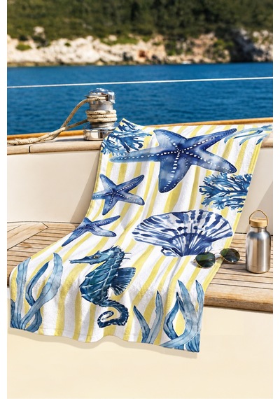 Deniz Yıldızı Denizatı Marine Plaj Havlusu-çizgili Akdeniz Mavi Sarı Hızlı Kuruyan Mikrofiber Havlu Mat Melon