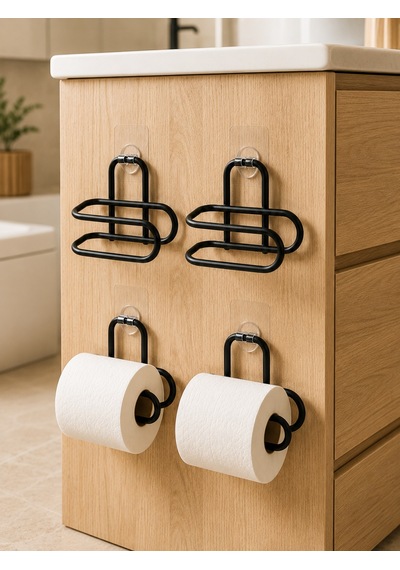 Siyah 4 Adet Metal Tuvalet Kağıdı Tutucu Kendinden Yapışkanlı Delmeden Montaj Banyo Askısı Şeffaf