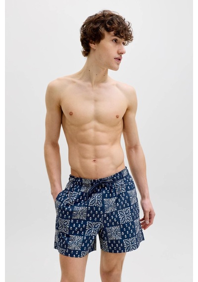 Jack & Jones Jpstmauı Shell Desenli Erkek Deniz Şortu Regular Fit Rahat Mavi