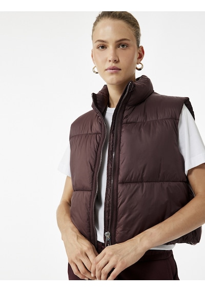 Koton Dik Yaka Kolsuz Fermuarlı Su İtici Crop Şişme Yelek Bordo 6wak20089ew Bordo