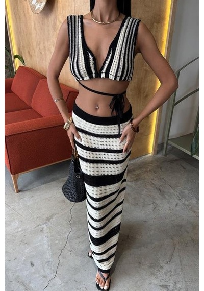 Moderie Butik Çizgili Bikini Üst Ve Etek Triko Takım 10110 Ekru