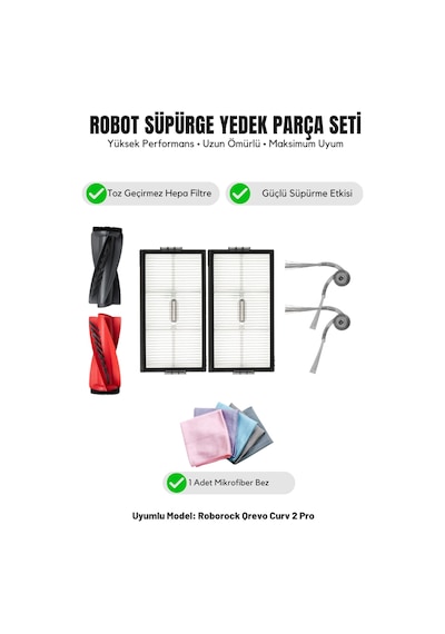 Roborock Qrevo Curv 2 Pro İle Uyumlu 1 Ana Fırça 2 Yan Fırça 2 Filtre 1 Temizlik Bezi 11.0