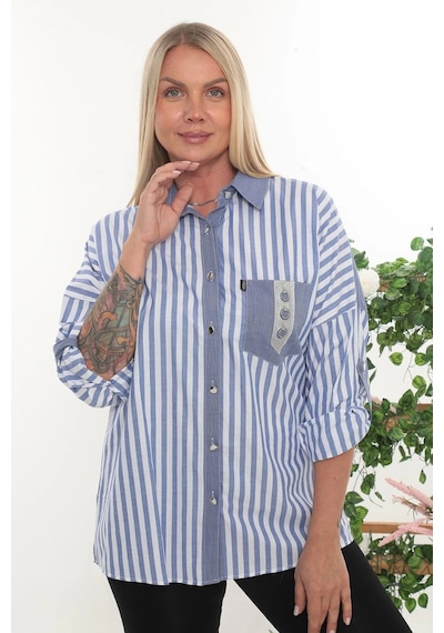 Lady Majestic %100 Cotton Rahat Kalıp Çizgili Büyük Beden Kadın Uzun Kollu Gömlek Mavi