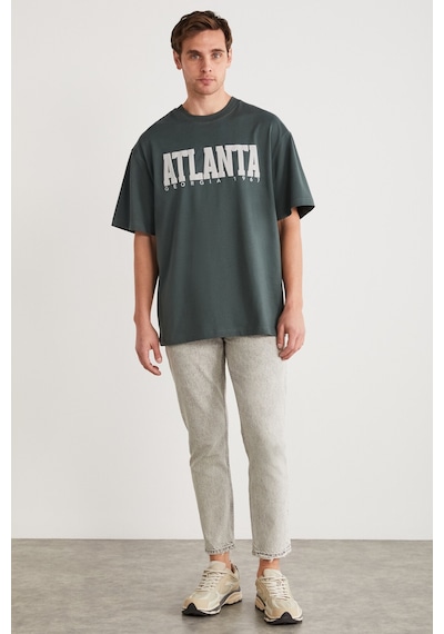 Grimelange ATLANTA Erkek %100 Pamuklu Kısa Kollu Baskı Detaylı Yeşil T-Shirt