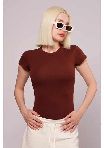 Kahverengi Bisiklet Yaka Basic Kadın T-shirt Mg2479 Kahverengi