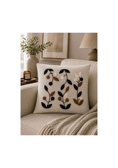 Punch Nakışlı Kırlent Kılıfı 45x45 Cm Kırlangıç Home Çapa Çiçek Desenli Kahverengi