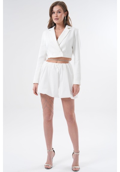 Saade Beyaz Kruvaze Crop Blazer Ceket Beyaz