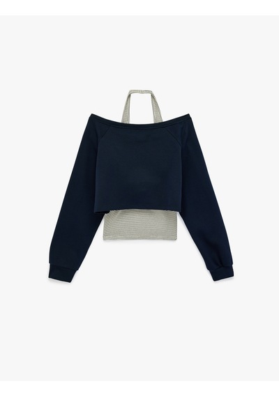 Koton Rahat Kalıp Uzun Kollu Boyundan Bağlama Detaylı Crop Baskılı Sweatshirt Lacivert 6sal10378ık