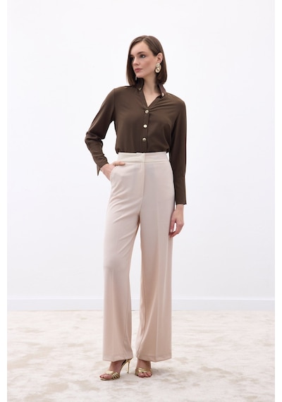 Sateen Palazzo Krep Pantolon - Taş-136714 Taş