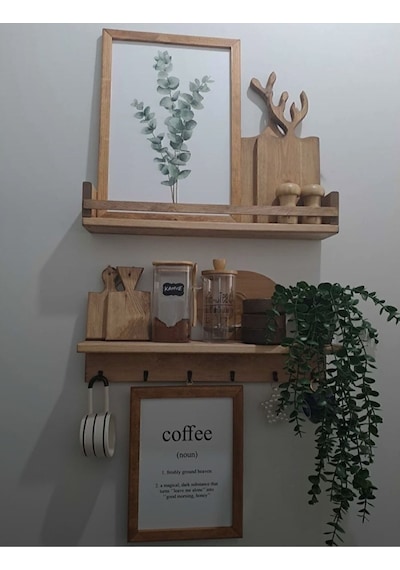 100 Cm Kahve Köşesi 2 Li Raf Set Terek Küpe Hediyeli Ahşap
