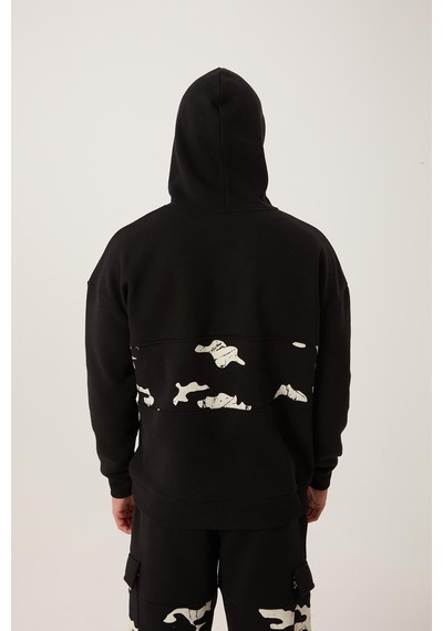 Polostate Erkek Kamuflaj Baskılı Kapüşonlu Sweatshirt Siyah