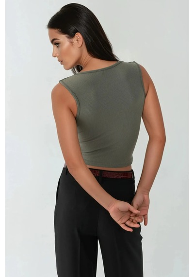 Hiccup Drape Kare Yaka Bluz Haki Yeşil