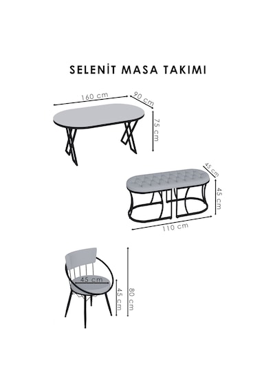 Selenit Mutfak Yemek Masası Takımı- 6 Kişilik Mutfak Masa Sandalye Takımı- Mutfak Masası Takımı Gümüş Siyah Mermer