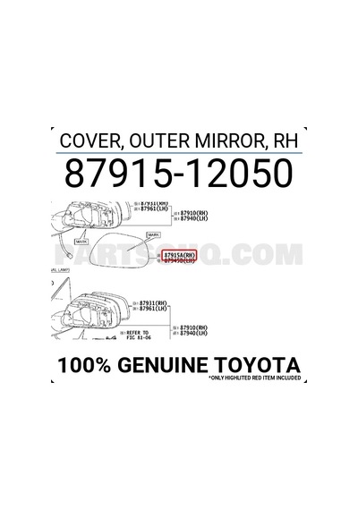 Toyota Corolla Ayna Kapağı 2008 2013 Astarlı Sinyalli Tip Sağ Oem No:8791502911