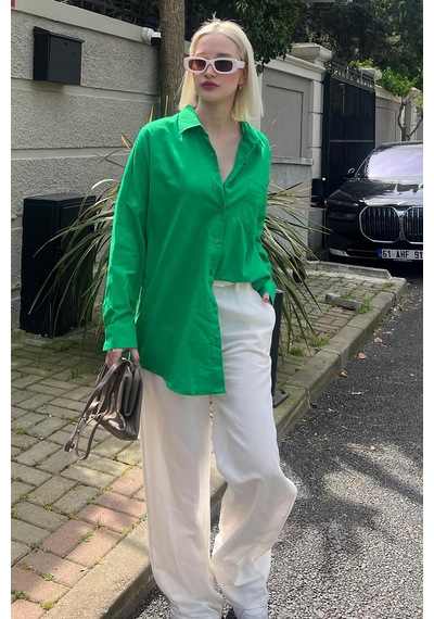 Madmext Yeşil Oversize Basic Cepli Poplin Gömlek Mg1530 Yeşil