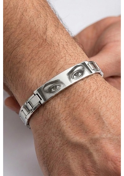 Kişiye Özel Göz Resim Baskılı İtalyan Charm Plakalı Unisex Çelik Bileklik Scb93g Gri