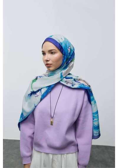 Moda Kaşmir Nileya Desen Pamuk Şal Saks Mavisi