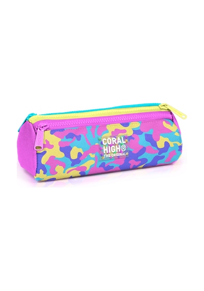 Coral High Kids Pembe Sarı Lavanta Kamuflaj Desenli Üç Bölmeli Kalem Çantası 31001 124-Pembe