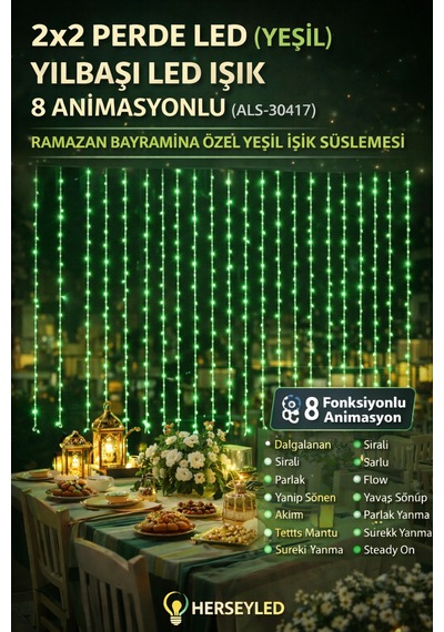 2x2 Perde Led Yeşil Yılbaşı Led Işık 8 Animasyonlu Yeşil