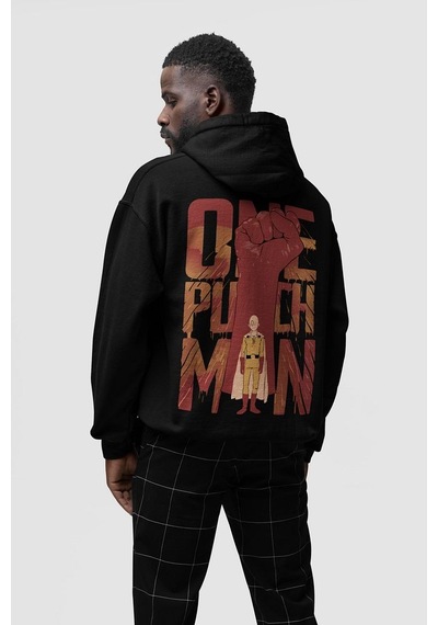 Sevbano Saitama One Punch Man Baskılı Unisex Oversize Anime Hoodie Siyah