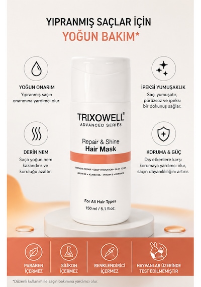 Trixowell Advanced Series Repair & Shine Yoğun Onarıcı Ve Nemlendirici Saç Bakım Maskesi Argan Yağı, Jojoba Yağı, Vitamin E, Seramid 150 Ml