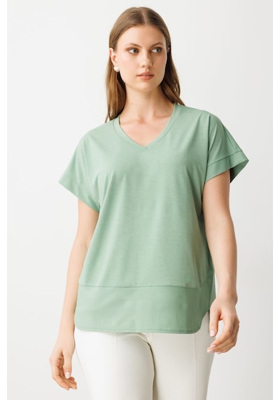 On Kadın Büyük Beden V Yaka Parçalı T-shirt 71476 Haki