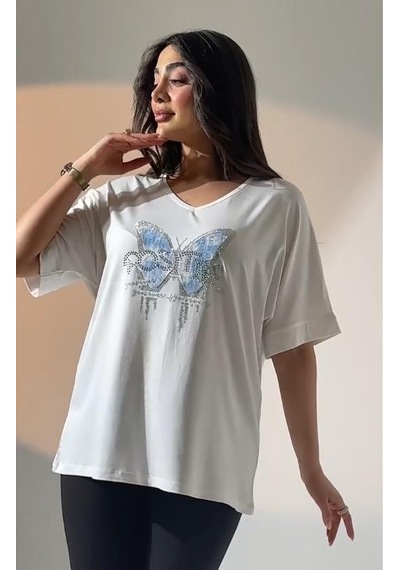 Elaxi Leopar Kelebek Desenli Bluz Beyaz