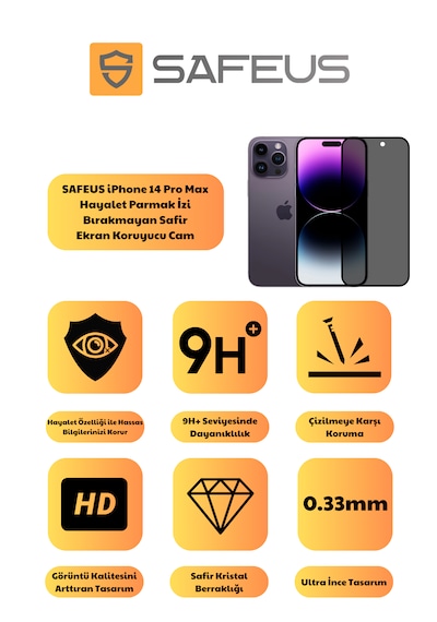 Safeus Tam Kaplayan Hayalet Parmak İzi Bırakmayan Safir Ekran Koruyucu Cam , Apple Uyumlu iPhone 14 Pro Max İle