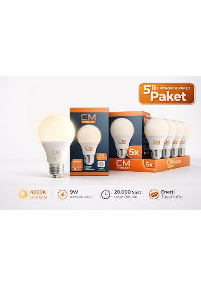 Cm 9w 4000k Gün Işığı Led Ampul 5 Li Paket E27 Duy Tasarruflu