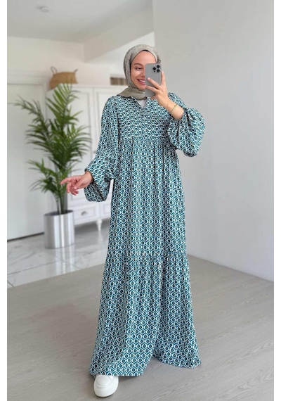 Kahijab Geometrik Desenli Kuşaklı Elbise - Mavi Mavi