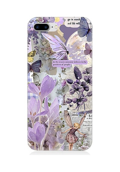 Apple Uyumlu iPhone 8 Plus Mor Çiçekler Desenli Silikon Kılıf