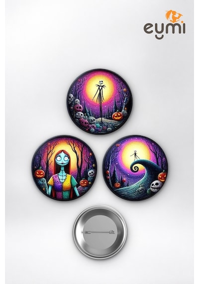 The Nightmare Before Christmas Jack & Sally Çanta Süsü Rozet İğneli Buton Rozet Seti 58 Mm 3'lü Çok Renkli