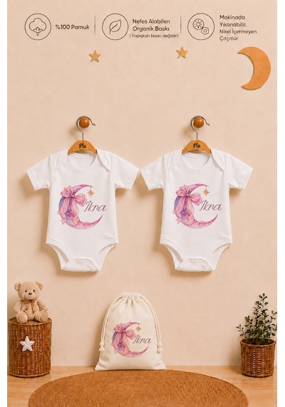 Pia Baby İsme Özel Kız Bebek Hediyesi 2'li %100 Pamuk Organik Baskılı Çıtçıtlı Body Zıbın Ve Ham Bez Kıyafet Kesesi 1068b2k0x Ekru