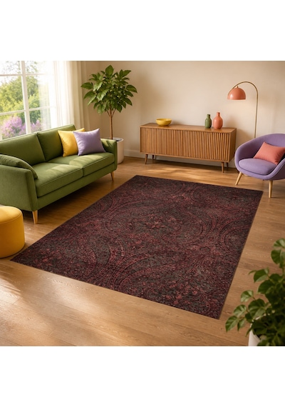 Kartela Halı Paisley Halı Kaymaz Taban Makinede Yıkanabilir Halı Bordo - 80 X 120 Cm