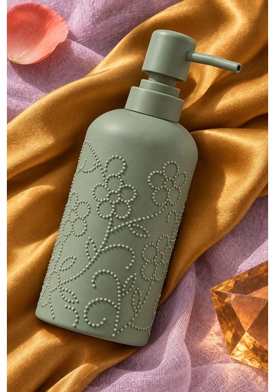 Rosıe Adaçayı Yeşili Çiçek Dokulu Yuvarlak Seramik Sıvı Sabunluk 350 Ml Karışık